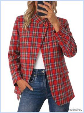 Womens Casual Plaid Blazer Stand Collar Open Front Business Suit Jacket